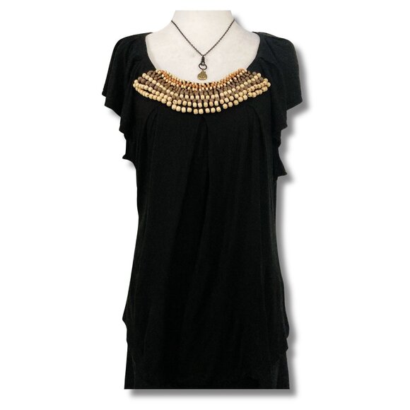 LUNDSTROM Black scoop neck beaded flutter sleeve top ~ Boho LARGE XL shirt tee - Picture 1 of 12
